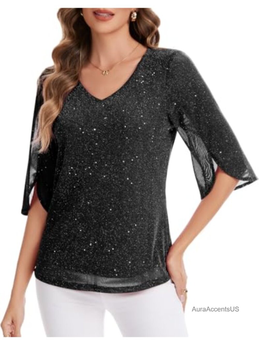 Women's 3/4 Sleeve Glitter Blouse Dressy Sparkly Mesh